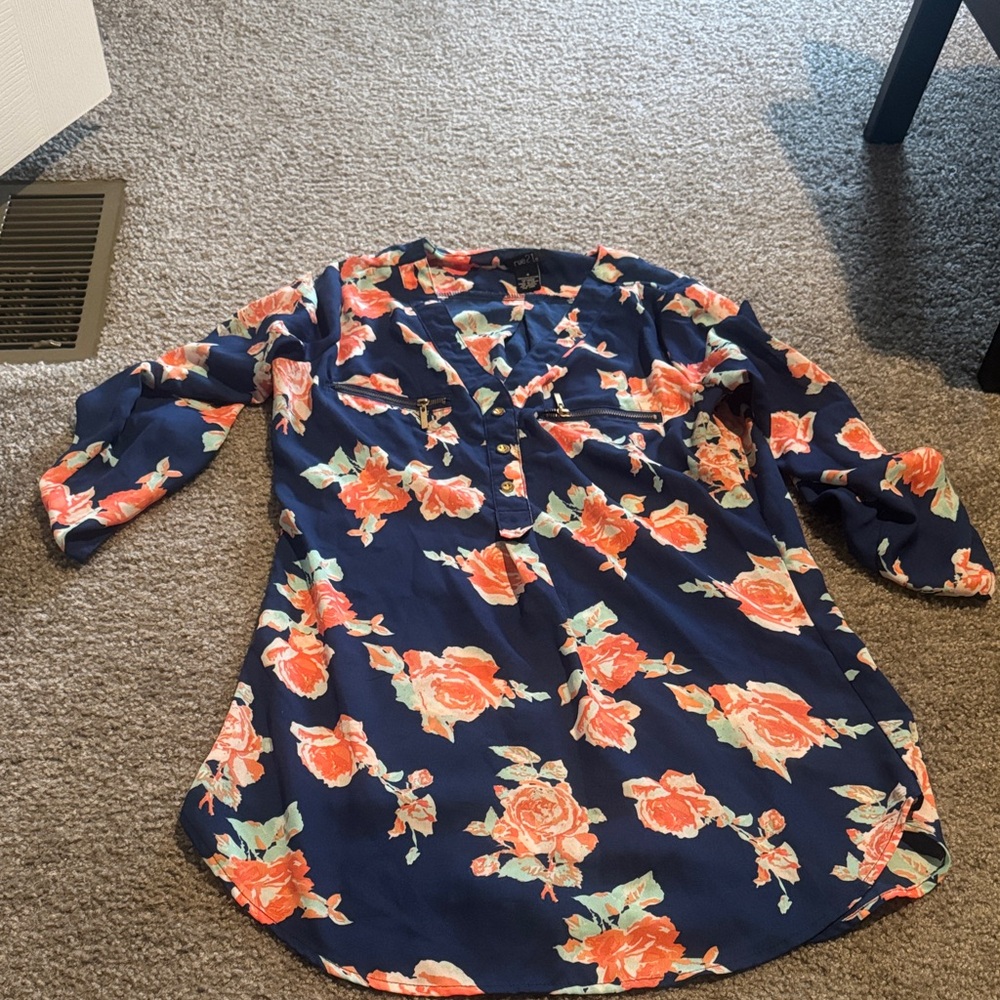 Rue21 Blue Blouse with Floral Pattern
